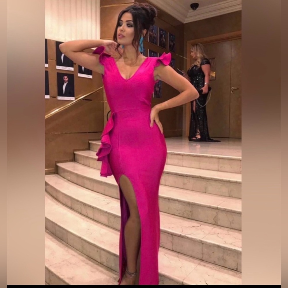 Vibrant Pink Evening Gown with Ruffle Detail